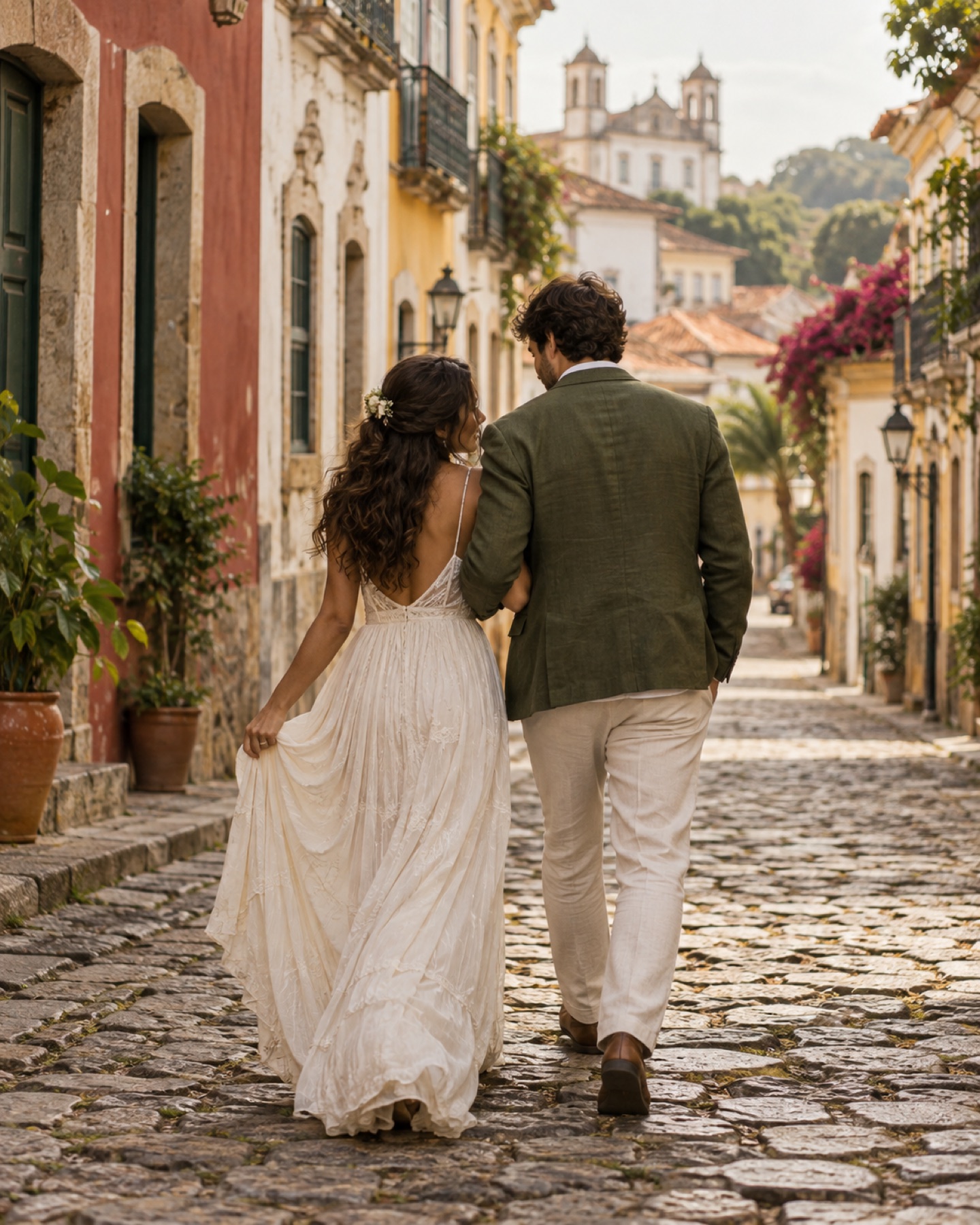 O casal rindo numa rua de pedra